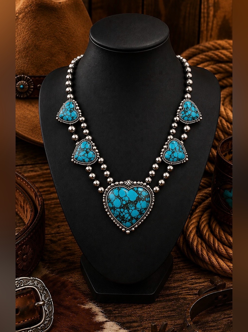 Southwest Western Costume Faux Turquoise Heart Beaded Costume Bib Necklace
